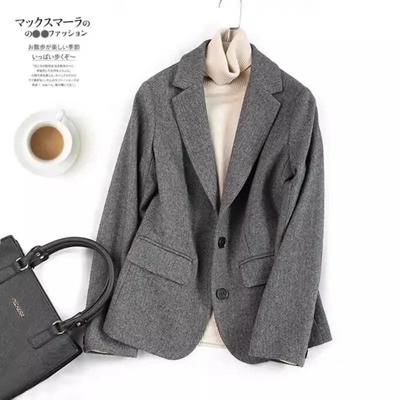 

Серый шерстяной пиджак с узором «елочка», женская одежда, осень-зима, свободный повседневный костюм в британском стиле, женские топы