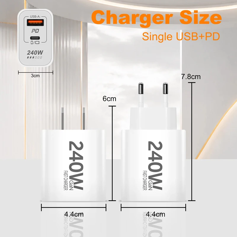 Lenovo Original 240W GaN Super Fast Charger USB PD 2 In 1 Super Fast Charging EU/US Plug For IPhone15-17 Samsung Huawei