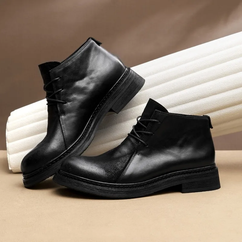 Vintage Mens Genuine Leather Boots Luxury Handmade 2026 Spring Autumn Fashion Round Toe British Style Ankle Oxfords Shoes Man - view 2