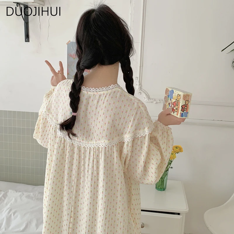 DUOJIHUI-Pijamas de renda de manga comprida feminina, gola redonda, renda doce, moda coreana, mobiliário doméstico, primavera, novo