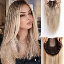 Brown Blonde Highlight Hair Topper 16 Inches Remy Human Hair Toppers Clips in Straight Hairpiece for Women Silk Base Topper Hair