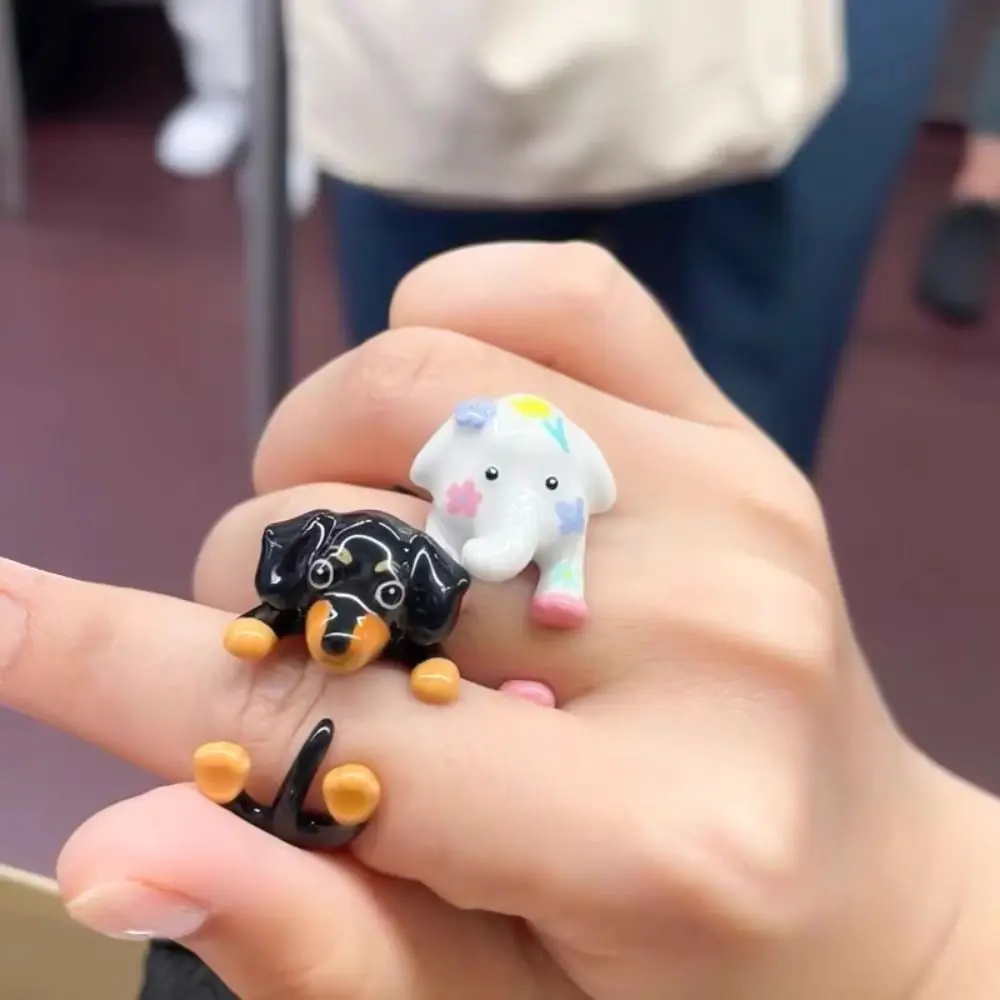 Dripping Oil Cartoon Dachshund Ring Korean Style Jewelry Accessories Elephant Ring Adjustable Street Style Funny Finger Buckle