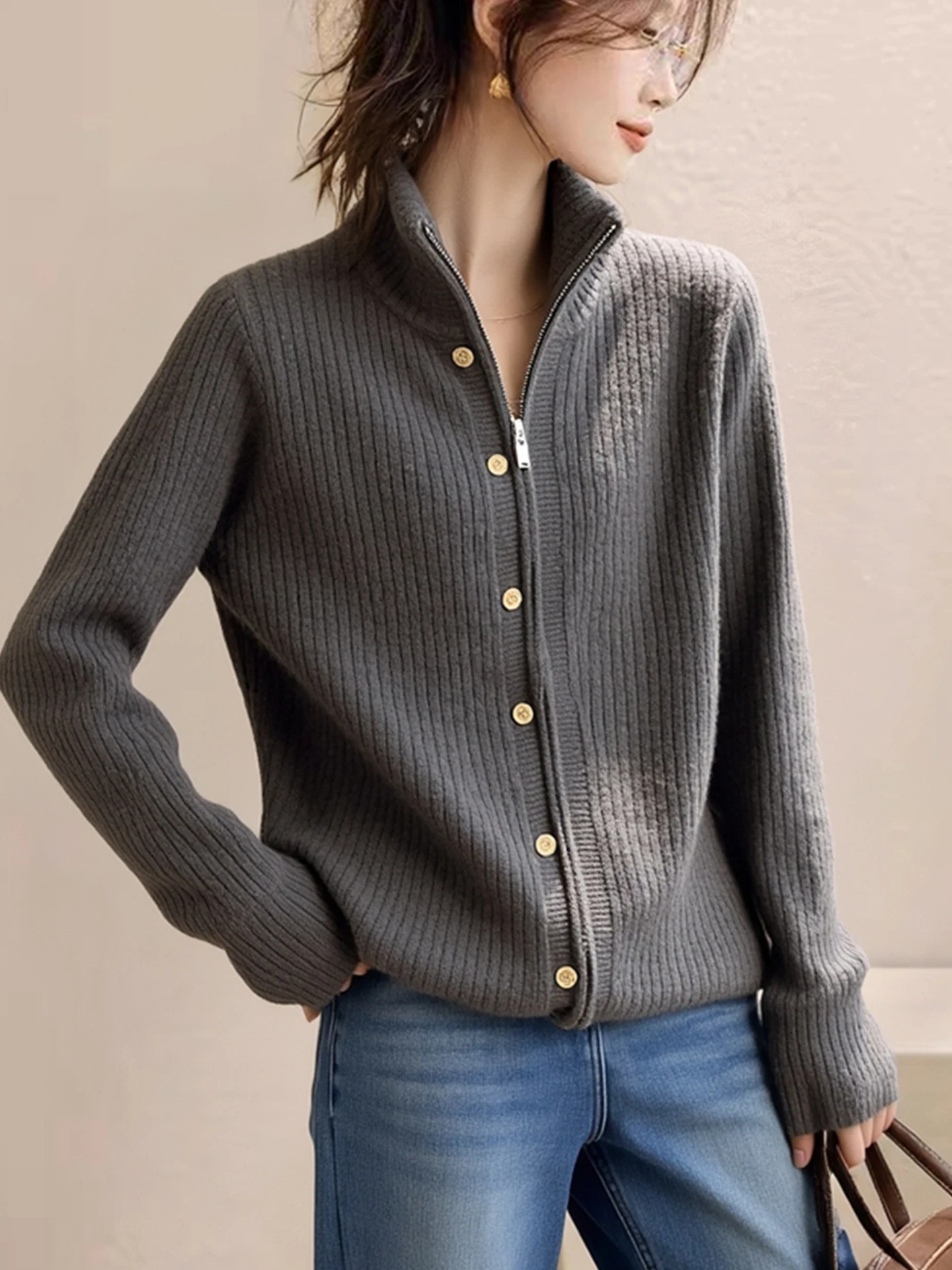 الشتاء الكورية Sle سترة مشغولة من الصوف سستة طويلة Sve ey الراقية تخفيف المرأة Faion Ele ملابس خارجية #4