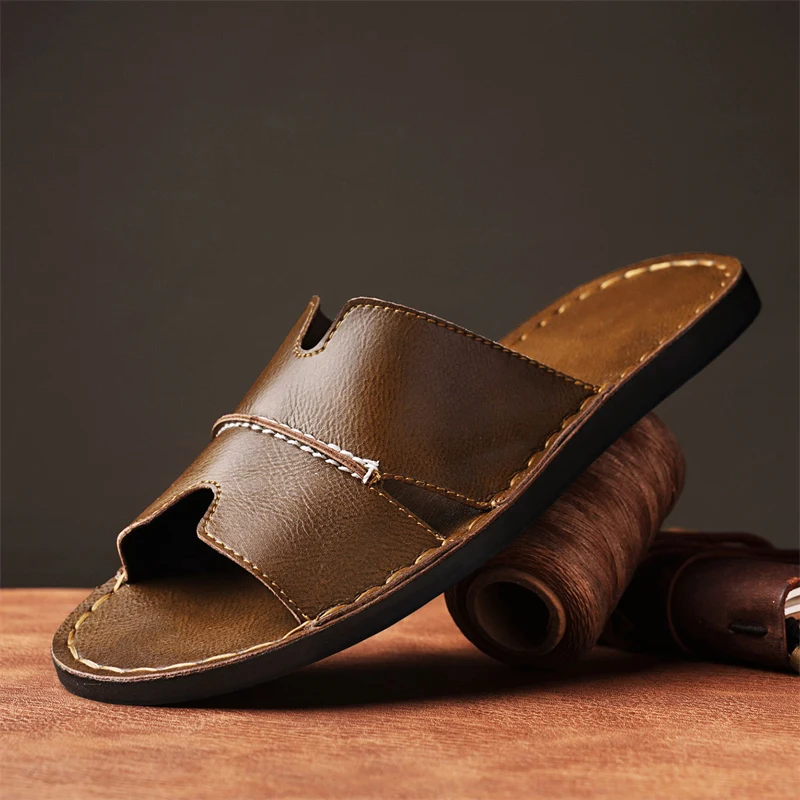 

Men's Genuine Leather Slide Sandals Large 38-48 Flats Breathable Beach Sandals Men's Soft Sole Driving Leather Slides Slippers