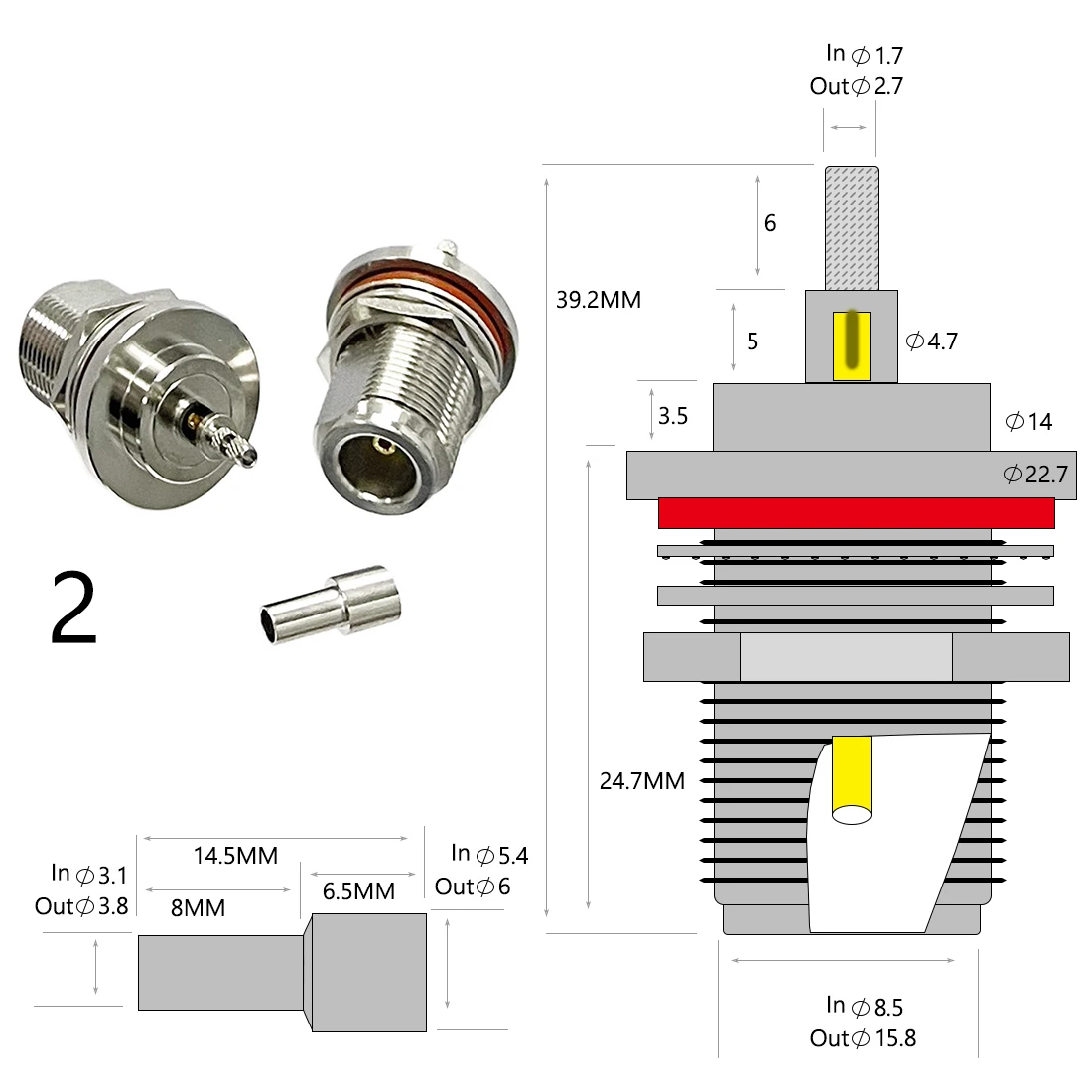 1-4PC N Type Male Female Plug Jack RF Coax Connector Crimp for RG316 RG174 RG58 RG142 Cable Copper Nickelplated With Drawing NEW