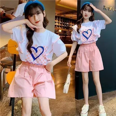 Summer Suit for Girls New Baby Short Sleeve T-shirt + Loose Shorts Two-piece Set Children Cute Clothing 4 6 8 10 12