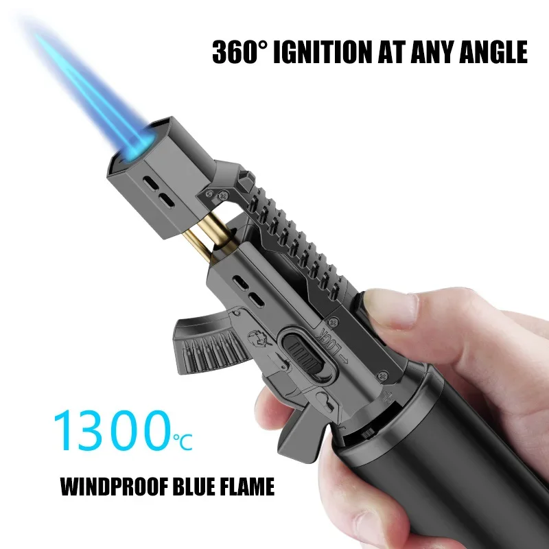 1300 ℃ Creative Shape Windproof Blue Flame Gun Lighter Pure Copper Spit Multifunctional Safety Lock 360 ° Use Ignition Tool