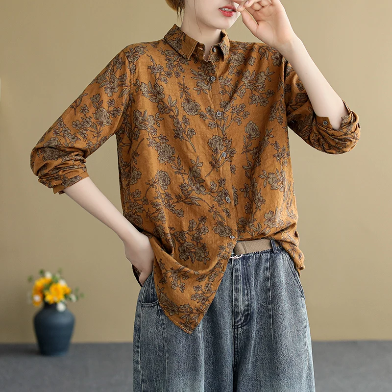 Długi damski rękaw z bawełny i lnu w stylu retro z kwiatowym wzorem, uniwersalny strój do pracy, kołnierzyk, detale z guzikami, regularna długość, wzór z nadrukiem.