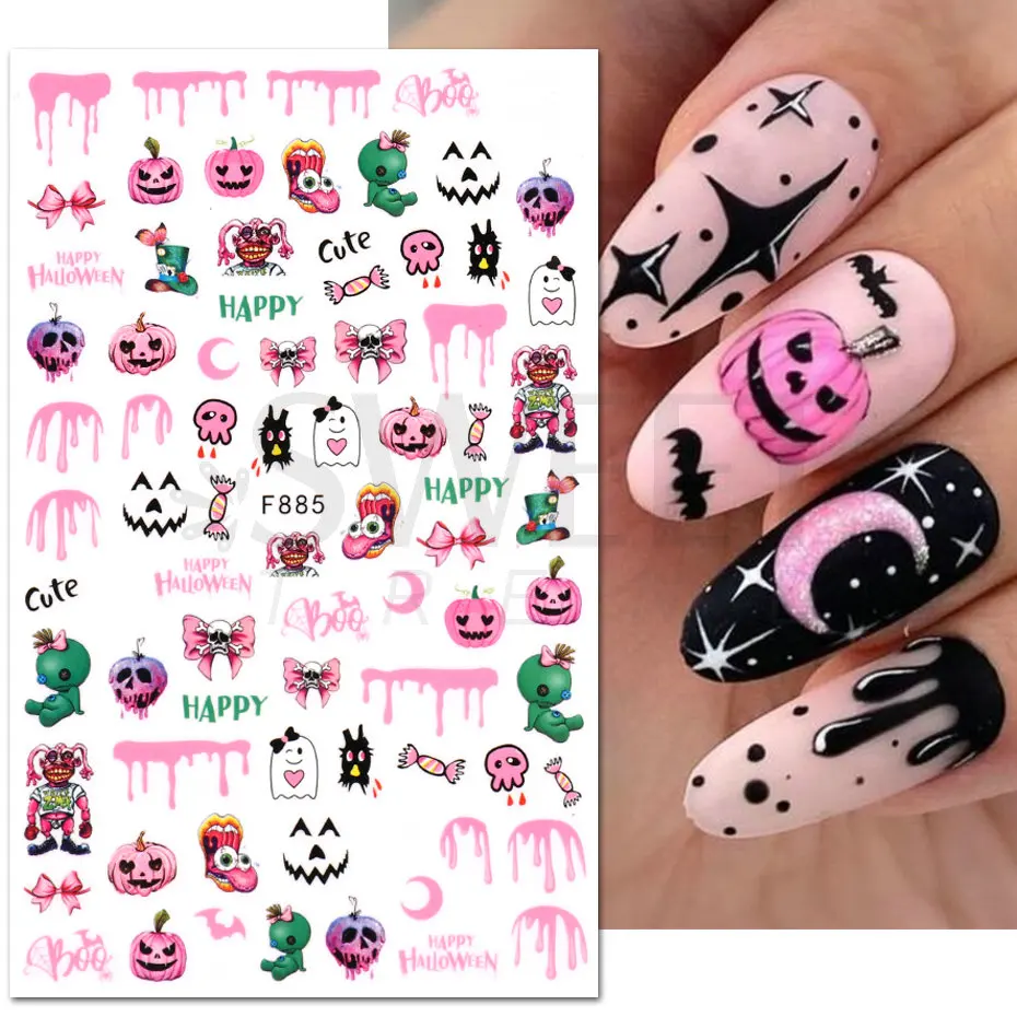 Cute Halloween Nail Design Sticker Pink Cartoon Skull Pumpkin Spooky 3D Punk Holiday Manicure Slider Nail Art Accessories KEF886