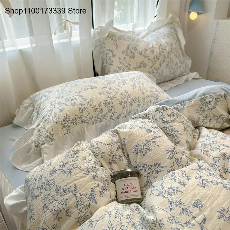 Pure Cotton Simple and Elegant Lace Four Piece Bed Skirt Creamy Korean Style Bed Sheet and Duvet Cover Bedding