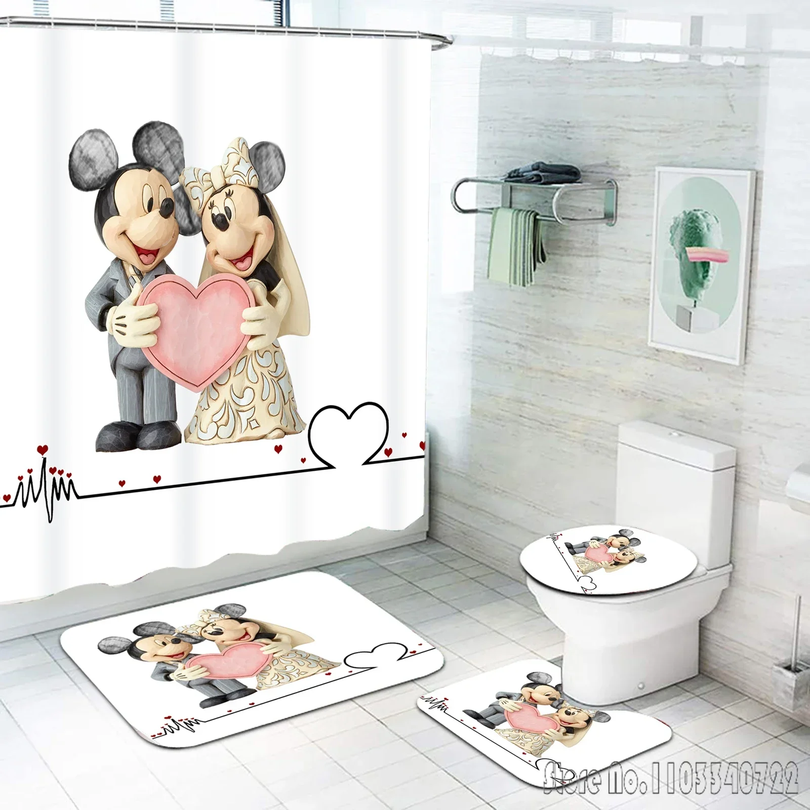 Mickey Mouse Disney Anime Bath Shower Curtain Set 4pcs with Hooks Waterproof Bathroom Toilet Mat Lid Decor