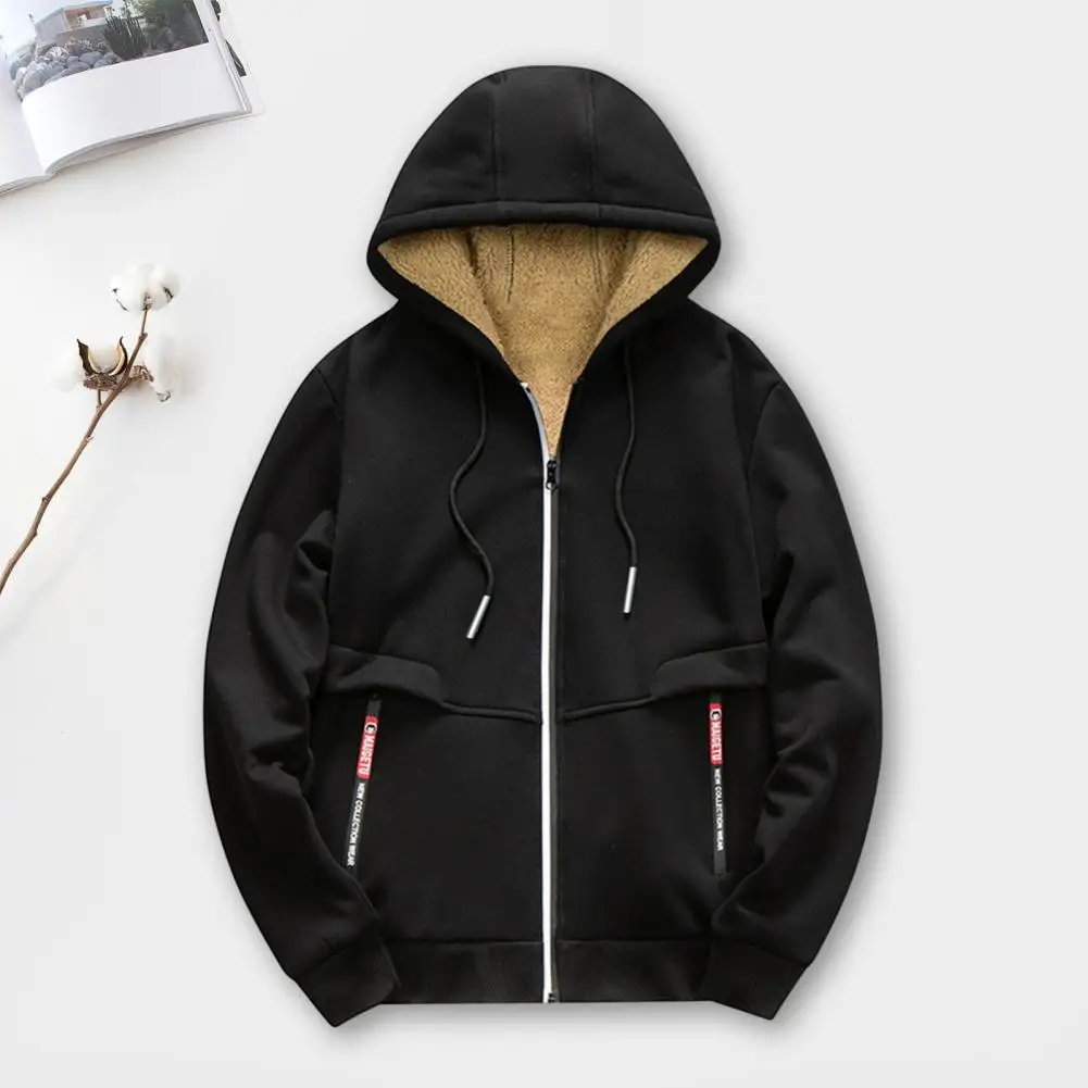 Men Winter Hooded Jacket Zipper Closure Windproof Long Sleeve Fleece Lining Thicken Warm Coat Winter Clothing