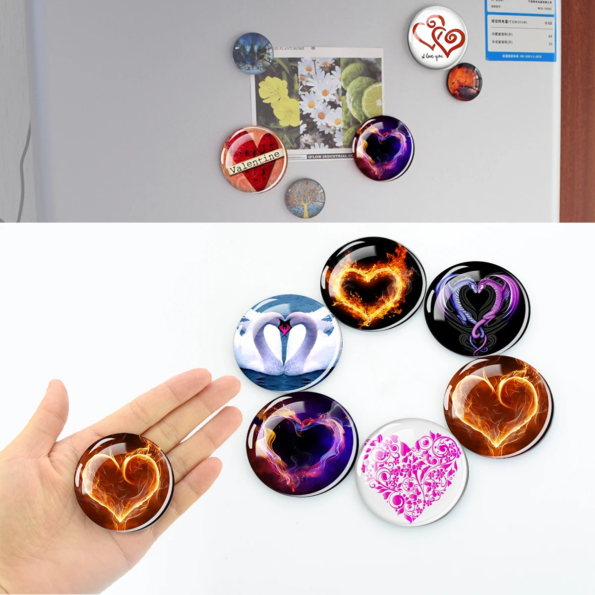 50MM Creative Love Heart Fridge Magnet Paste Heart Pattern Glass Cabochon Refrigerator Magnet Refrigerator House Decor Love Gift