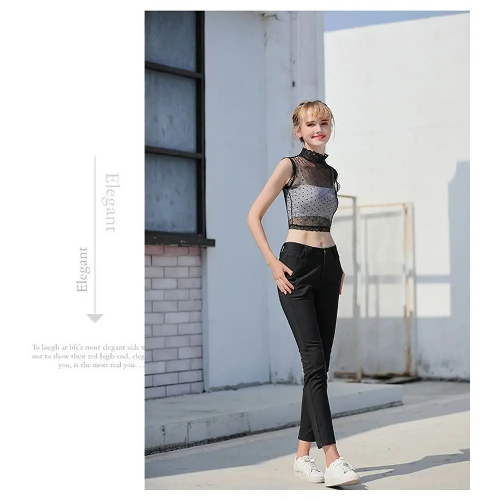 Fashion Mesh Lace Vest Tender Sexy Half High Collar Casual Elastic Solid Hotsweet Crop Tops Women