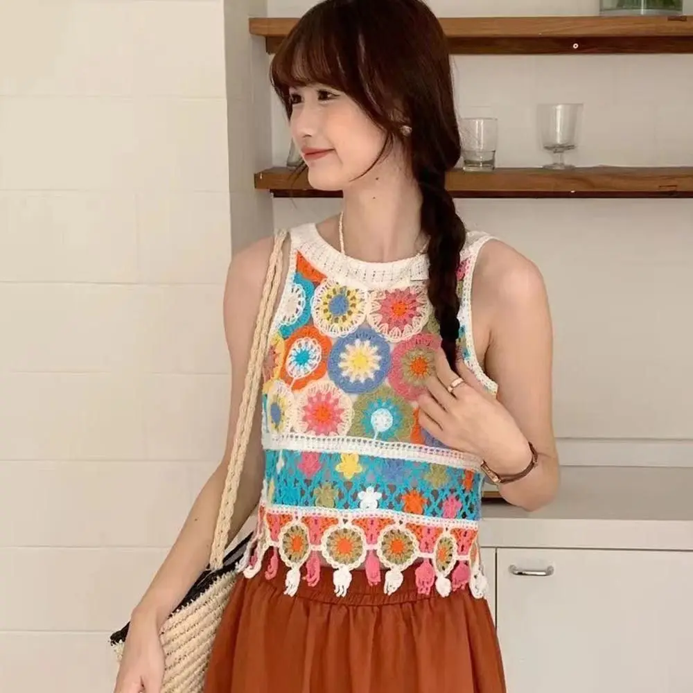 

Cute Bohemian Knitted Vest O-neck Sleeveless Women's Crop Top Crocheted Tassels Short Beach Top