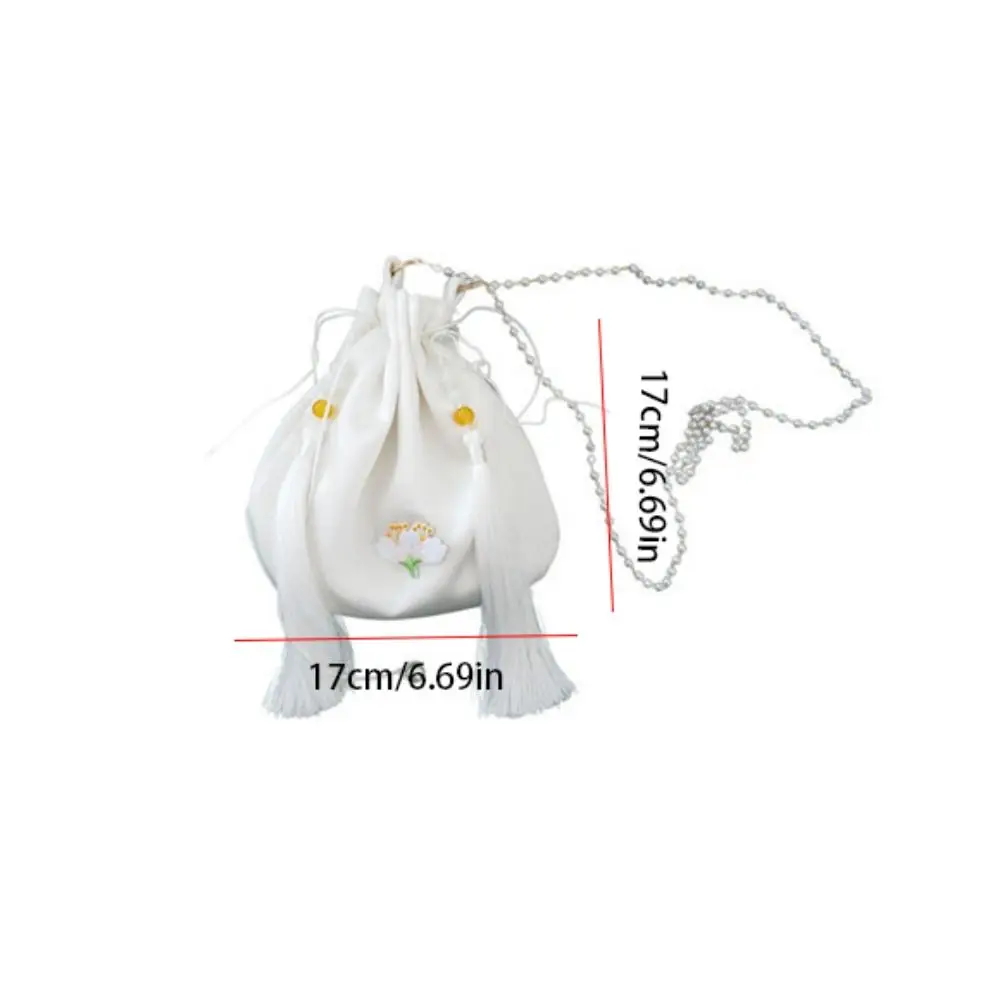 Tassel Hanfu Silk Drawstring Bag Chinese Style Shoulder Bag Embroidery Flower Handbag Purse Ethnic Style Floral Bucket Bag