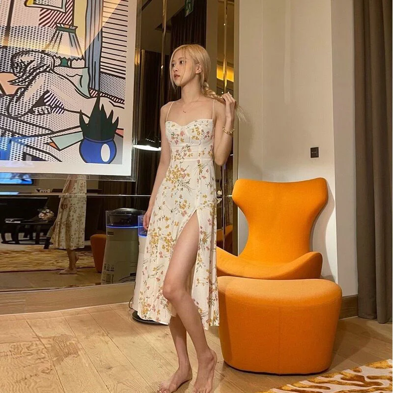 

Spot Goods221 Summer New2025Floral Split Mid-Length Strap Dress French Style Women's Fashion