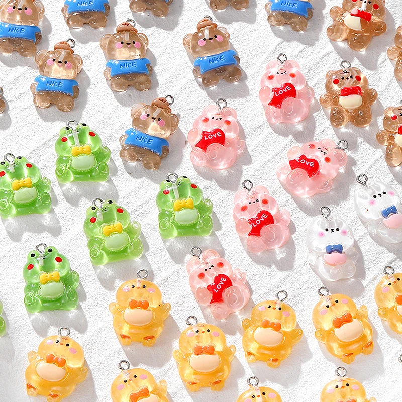 12pcs Kawaii Cartoon Animal Resin Charms Frog Chick Bear Rabbit Pendant For Earring Diy Jewelry Make