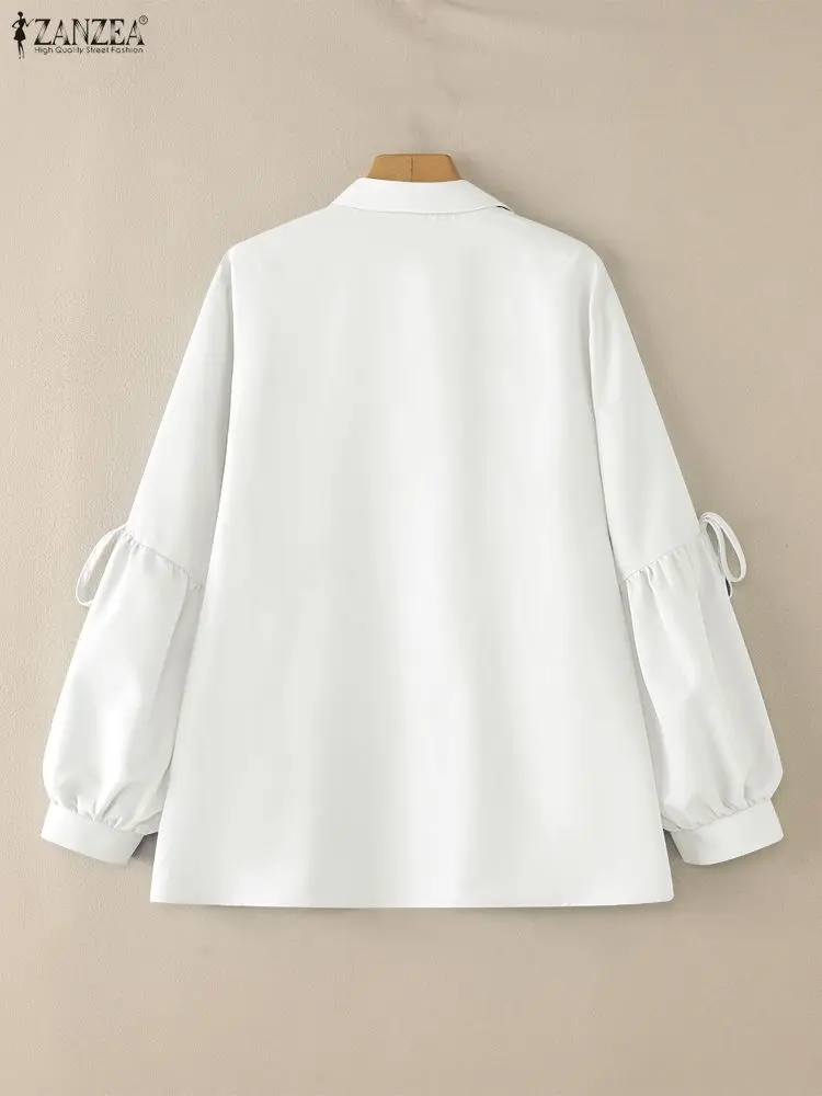 2025 ZANZEA otoño camisa de oficina blusa de mujer elegante cuello de solapa Tops de manga larga Casual con cordones Chemise sólido botón abajo Blusas