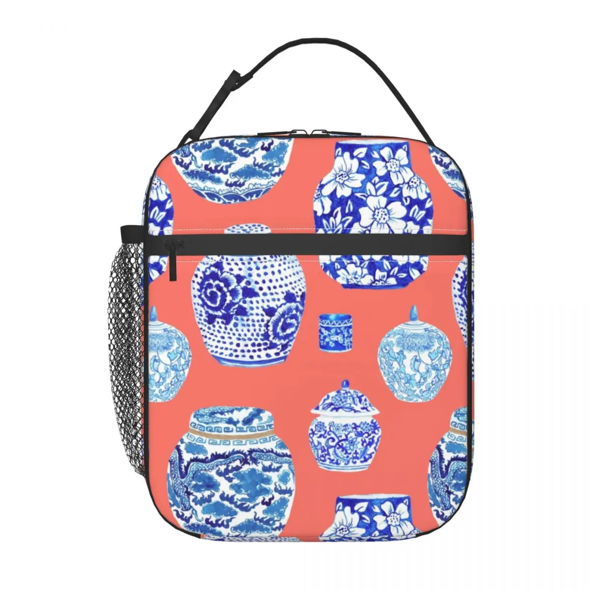 Chinoiserie Ginger Jar Collection In Neon Peach Coral Insulated Lunch Bags Delft Tiles Thermal Cooler Food Lunch Box Outdoor