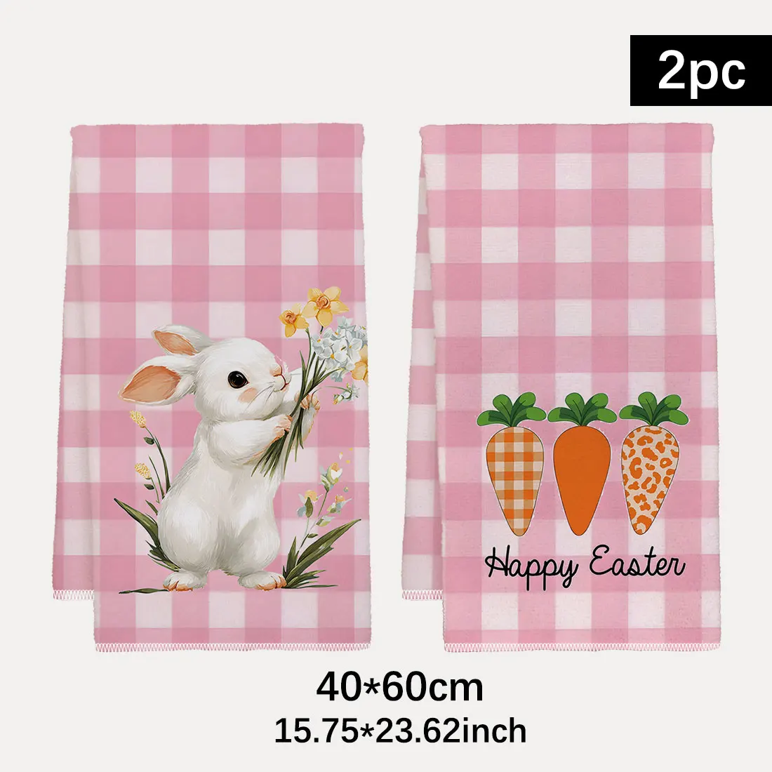 2pcs 40x60cm Easter Day DishCloth Tea Towel Kitchen Dishcloth , Rabbit Tulip Eggs Color Grids  Lover Pattern for Easter Decor
