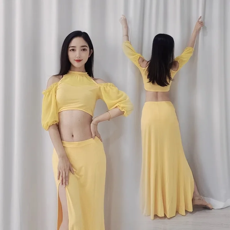 

Customized Belly Dance Costumes Practice Clothes Fairy Bubble Sleeve Splicing Modal Top and Skirt Set Chiffon Sleeve