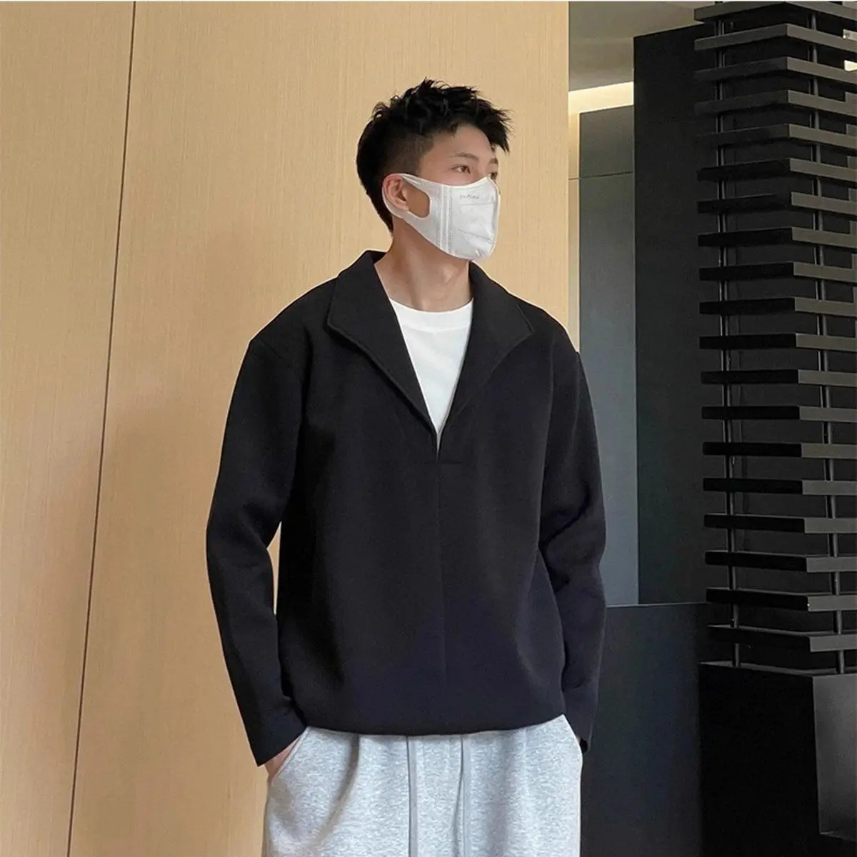 Men Black Fake Two-Piece Spliced Heavyweight Sweatshirt Autumn American Oversized Casual Trendy Handsome Base Pullover Tops