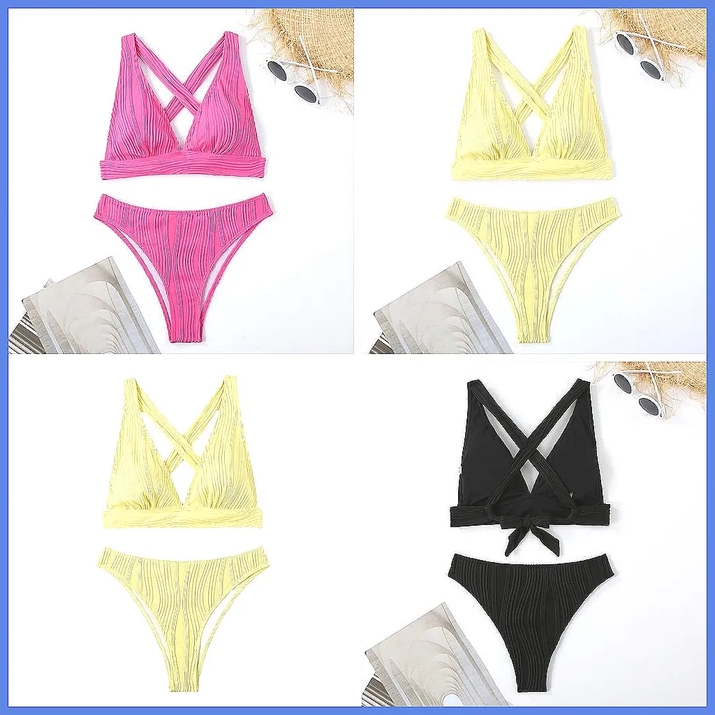 

Женский комплект бикини с эффектом пуш-ап 2024 - Сексуальный купальник с перекрестными бретелями, 2-х частный, однотонный