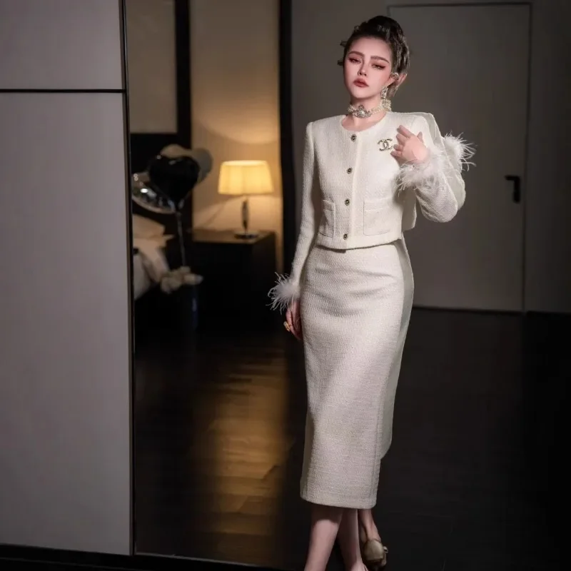 2024 new fall and winter original French small perfume jacket high waist split half skirt two-piece set Personalized Long Sleeve