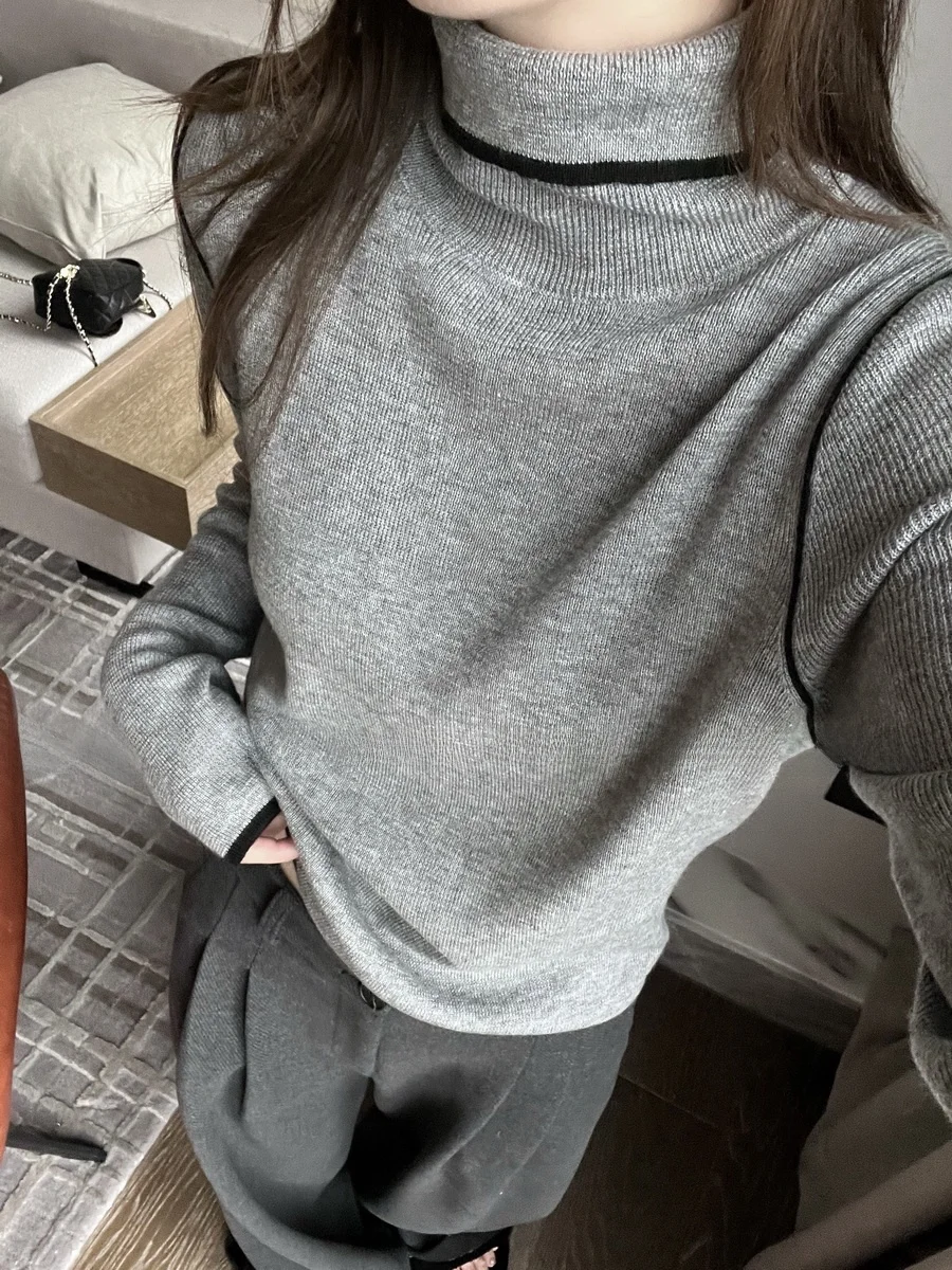 

Женский вязаный топ из смесовой шерсти с высоким воротником Long Sve XXBAI Верхняя одежда Clement Color Blo Design Осень-зима Crew Ne T-S...