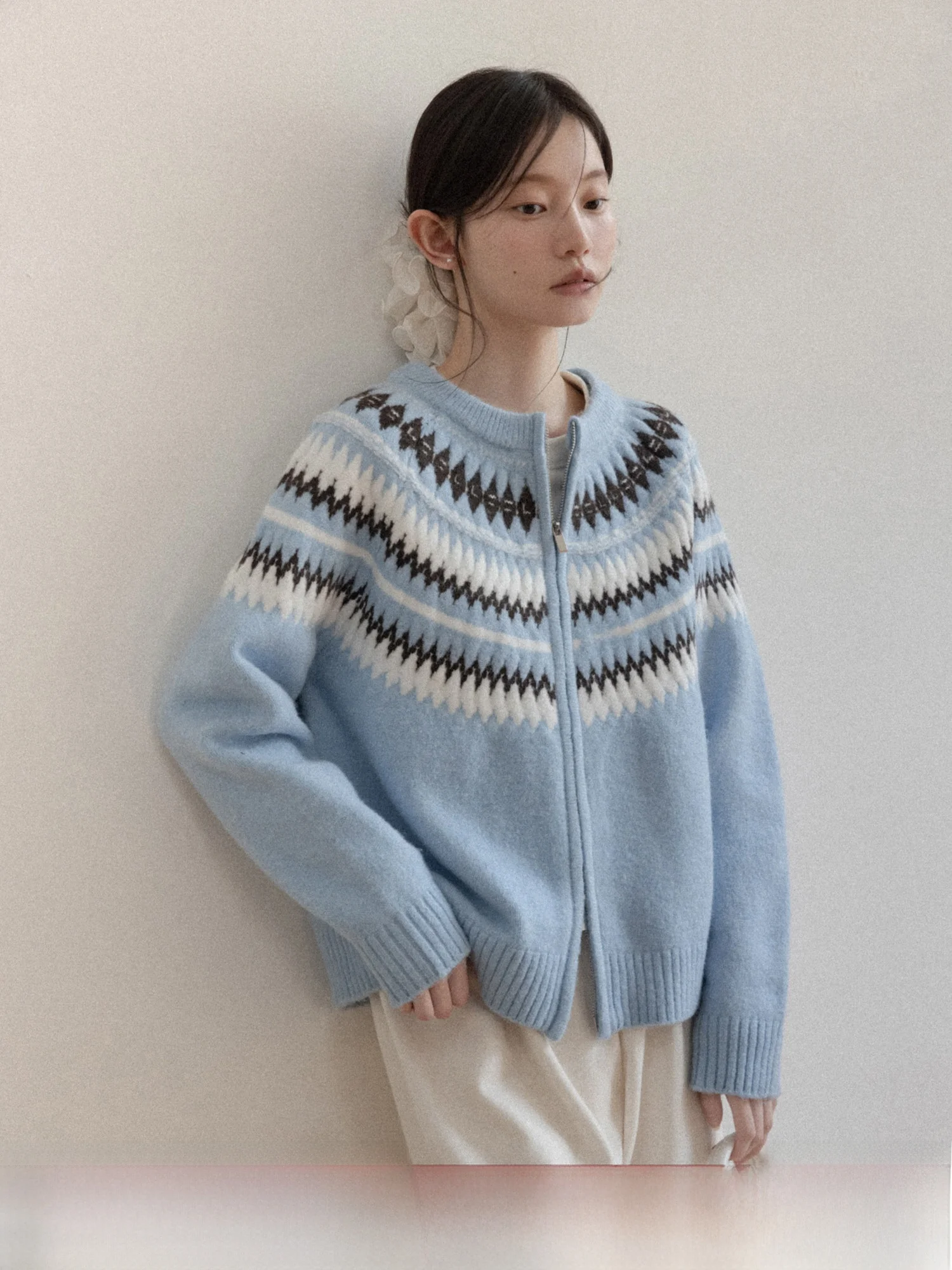 

Blue Knitted round Neck Open Cardigan Winter Commute Women's Sweater Soft Polyester Blend Zipper Closure Casual Loose Fit