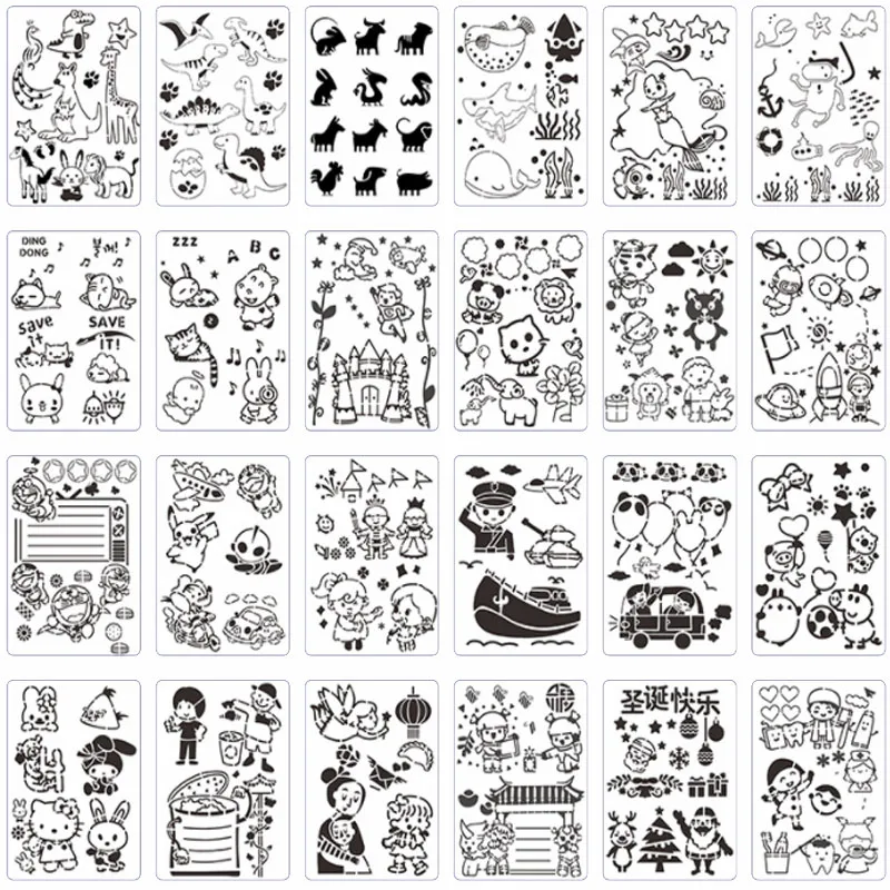 

24pcs A4 Kawaii Animal Festival Graffiti Stencil DIY Layering Scrapbook Journal Coloring Embossing Decoration Painting Templates