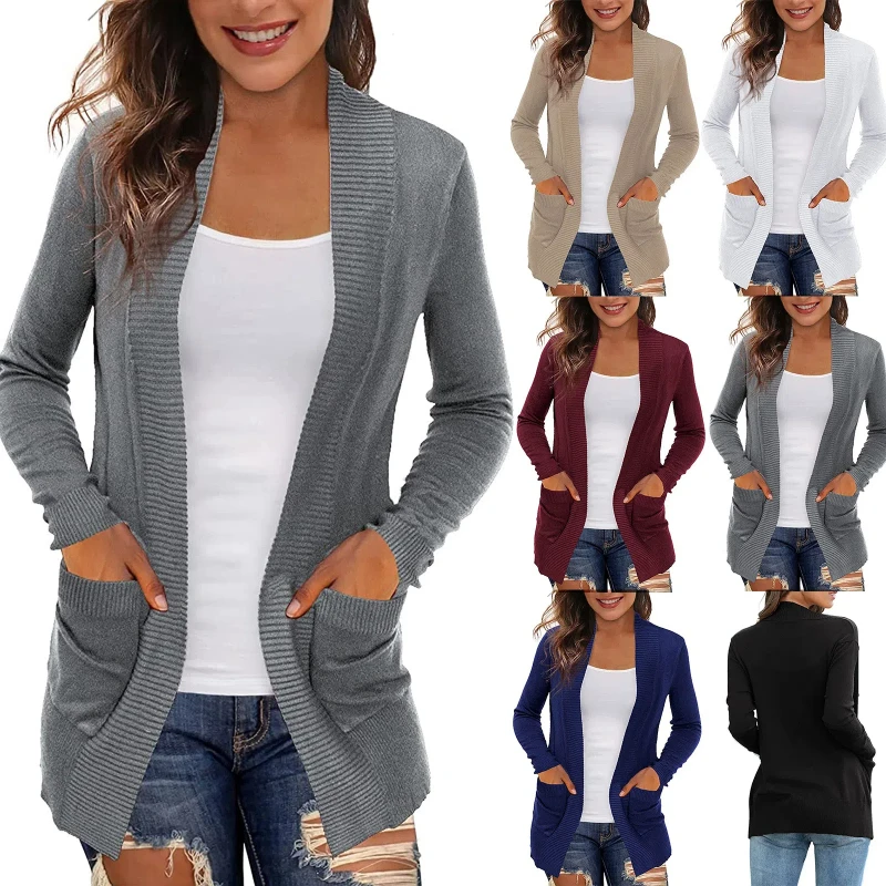 

Knitted Fabulous Great Stitching Autumn Sweater Cardigan Lady Clothes Female Sweater Coat Pockets for Work