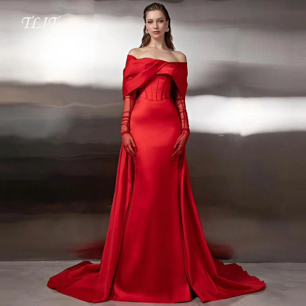 

TLIT Элегантные красные шелковые атласные вечерние платья русалки без бретелек для выпускного вечера с открытыми плечами и тюлевыми рукавами по индивидуальному заказу для официальной вечеринки