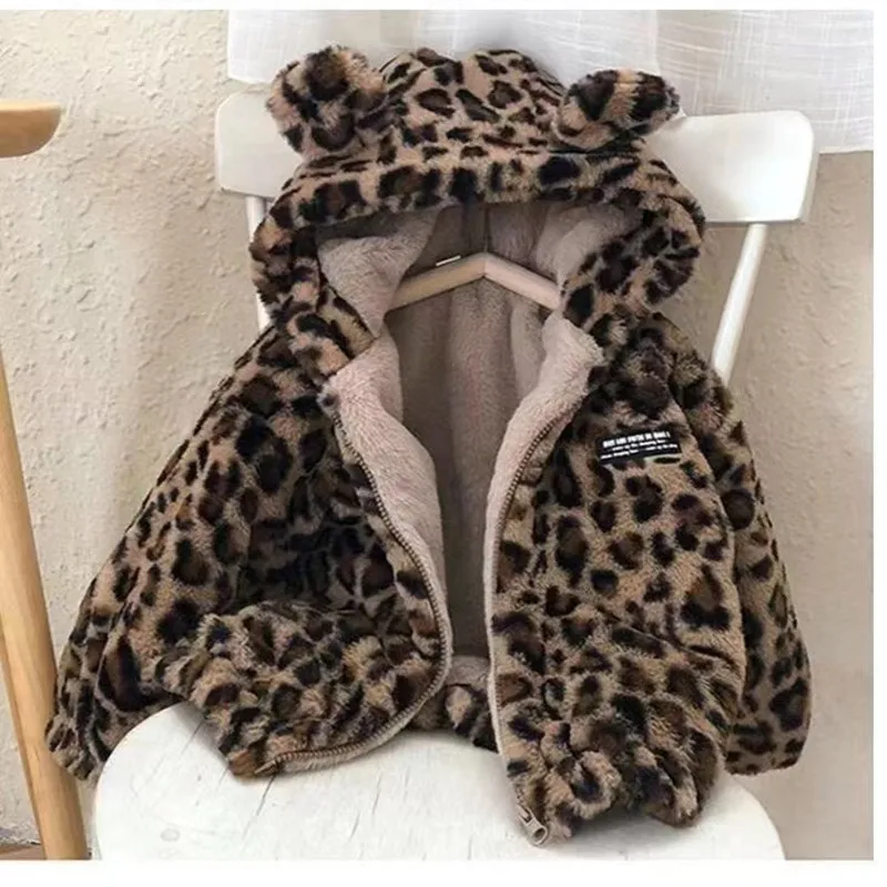 2024 Baby Girls Boys Leopard Hooded Winter Coats Soft Fake Fur Warm Fashion Kids Overcoats Jackets Children Clothes