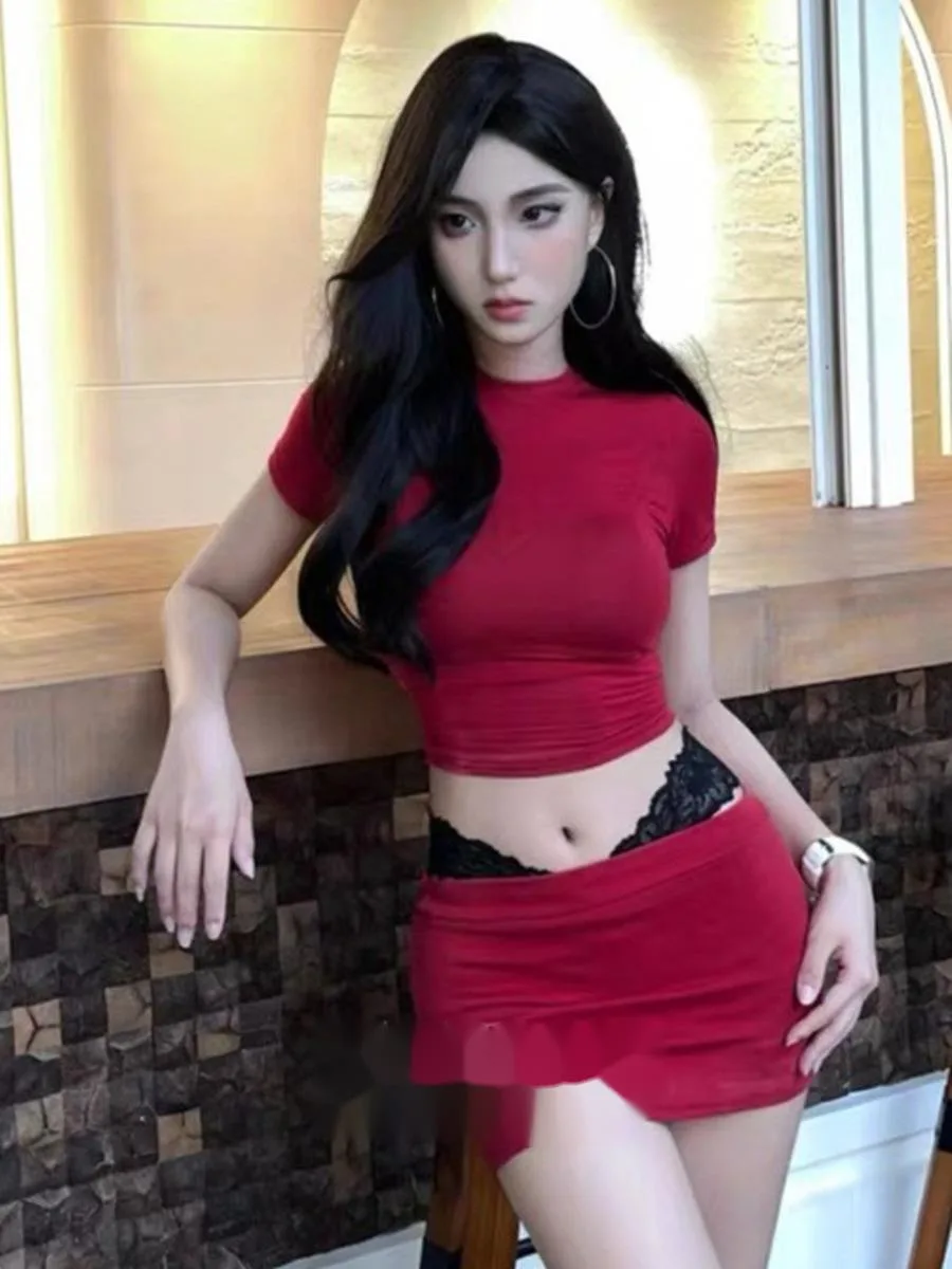 Butterfly Sexy Bodycon Skirt Sets Pure Desire Round Neck Short Sleeved Red Skirt Sets Charming Nightclub Style Thin Playful ZXUM