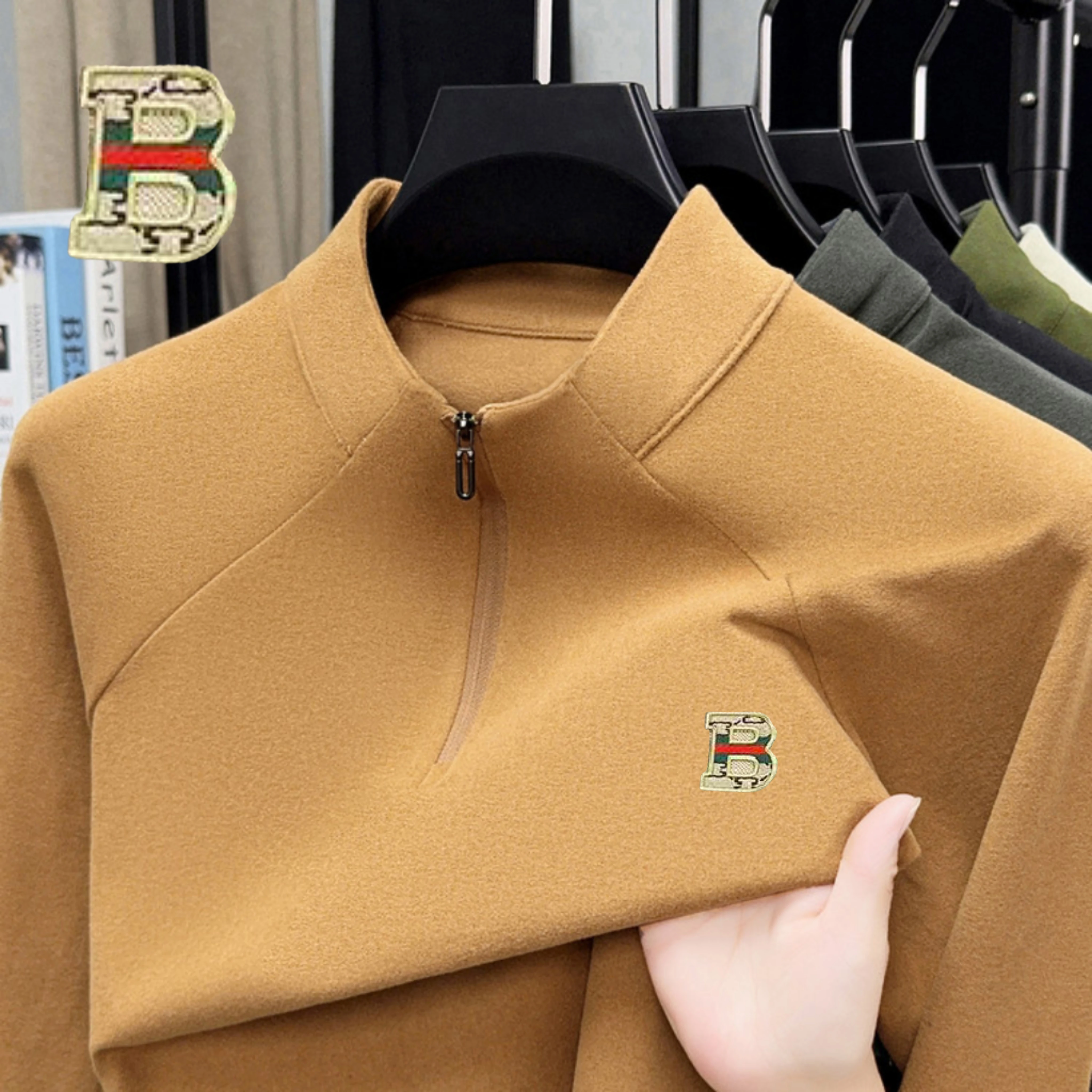 

Light Luxury 2025 Autumn/Winter Fashion New Zipper Long Sleeve T-shirt for Men, Flip Collar Casual Polo Shirt for Men