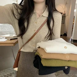 Women's Cardigan Sweater Vintage Lapel Button-Down Long Sleeve Single Breasted Knit Jacket Teen-girl Retro Knitwear Outfit