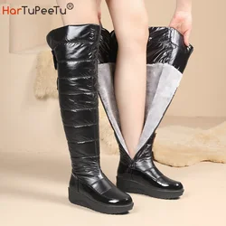 Frost Winter Warm Over the Knee Snow Boots Women Thick Cotton Padded Down Waterproof Shoes Bow Patchwork Leather Wedge Long Boot