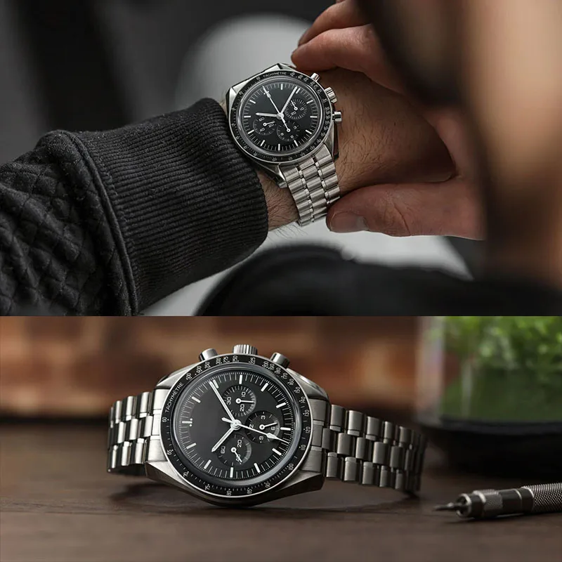 ساعة كوارتز من الفولاذ المقاوم للصدأ 904L للرجال بمقاس 43 ملم مستوحاة من أوميغا هيريتاج الدقة