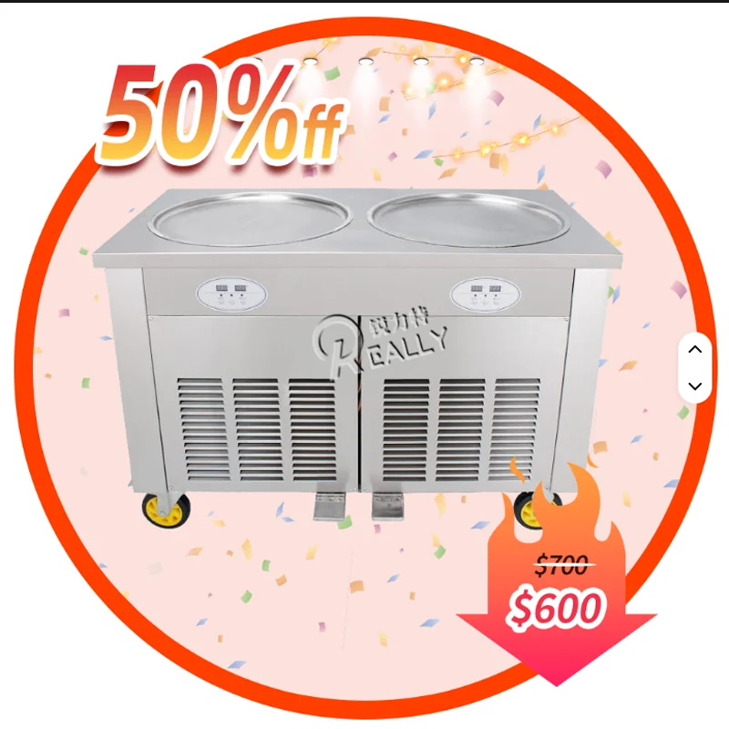 New Thailand 450mm Stir Fried Yogurt Roll Forming Machine With Electric Double Round Pot Fried Ice Cream Roll Machine