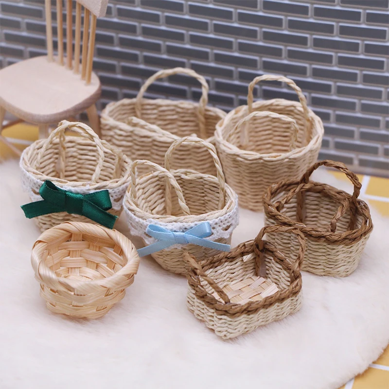 1pcs 1:12 Dollhouse Woven Hand Basket Model Vegetable Food Storage Basket Micro Dolls House Scene Decoration Photo Props