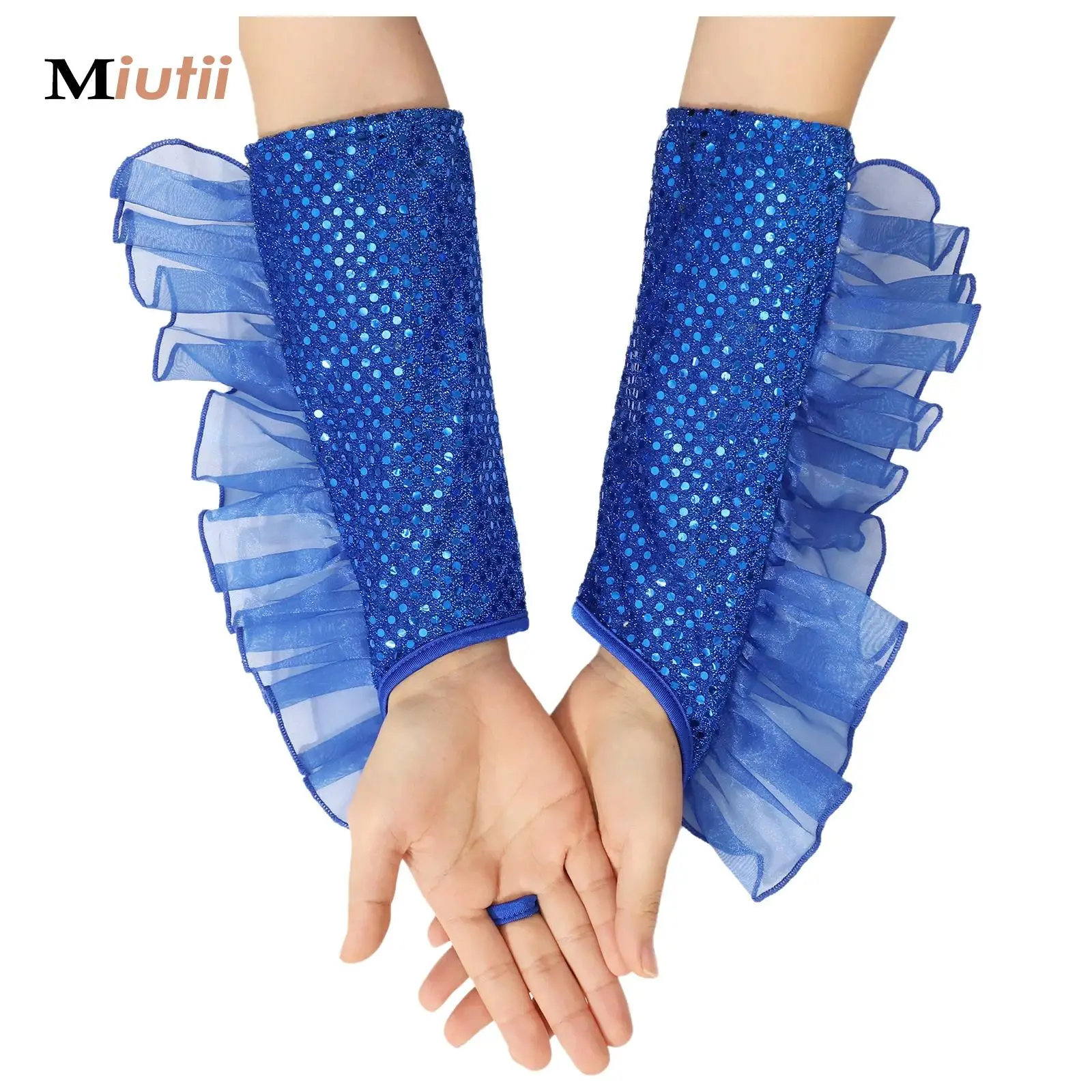 

Glitter Sequin Ruffled Tulle Fingerless Gloves Elbow Length Long Sunscreen Mittens Nightclub Jazz Dance Fingerless Arm Sleeves
