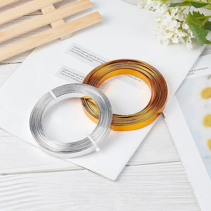 2 Rolls 33 Feet Gold Sliver Flat Jewelry Craft Wire 10mm Wide Aluminum Wire for Bezel Jewelry Making Sculpting Armature Craft