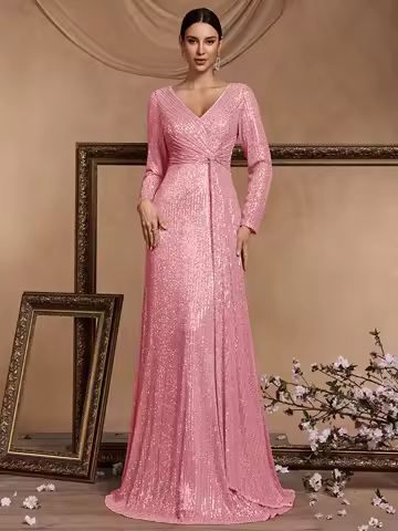 Luxury Pink Floor Length V-Neck Evening Dresses Women Elegant Party Maxi Dress Sequin Long Sleeves Prom Cocktail Dress Gowns