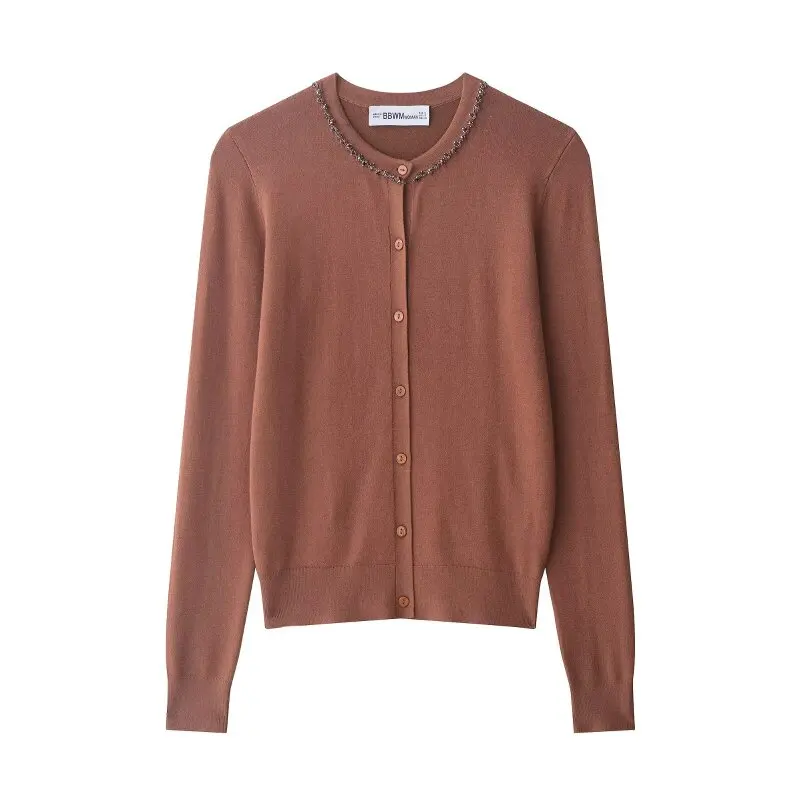 

Сплошной цвет, вязаный кардиган на пуговицах, свитер с длинными рукавами, модный свитер с круглым вырезом, осень-зима, теплая уличная одежда, офисные женские топы