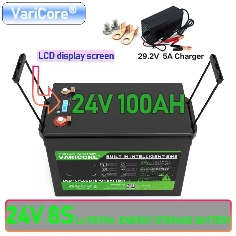 Varicore nova bateria lifepo4 de 8 cordas 24v 100a baterias de isqueiro de carro de fosfato de ferro de lítio acampamento energia solar 29.2v 5a carregador