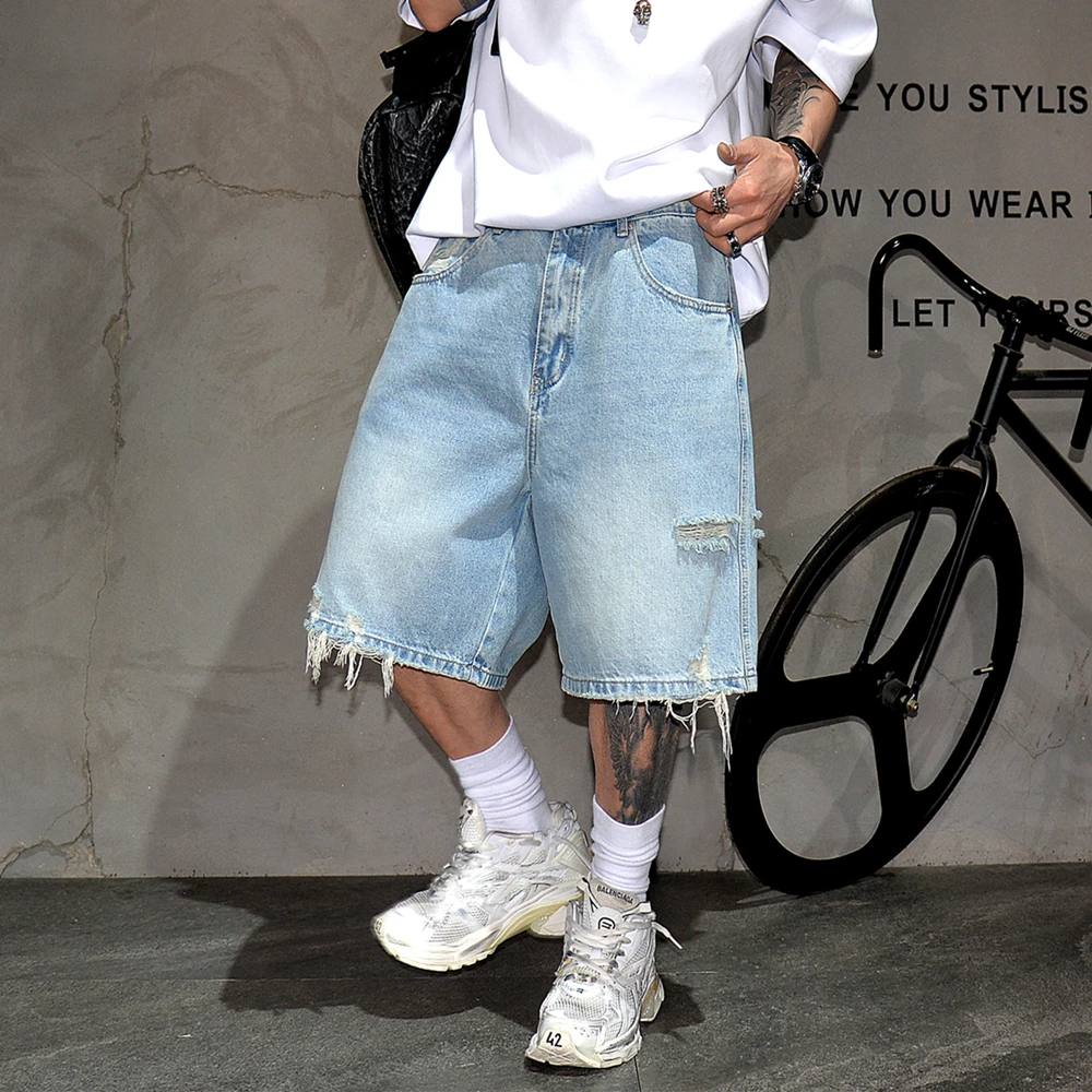 الصيف الشارع الشهير ممزق الدينيم السراويل الرجال غسلها 5 بوصة فضفاضة تناسب مستقيم الساق الهيب هوب الجينز الذكور الكورية قسط جودة العصرية