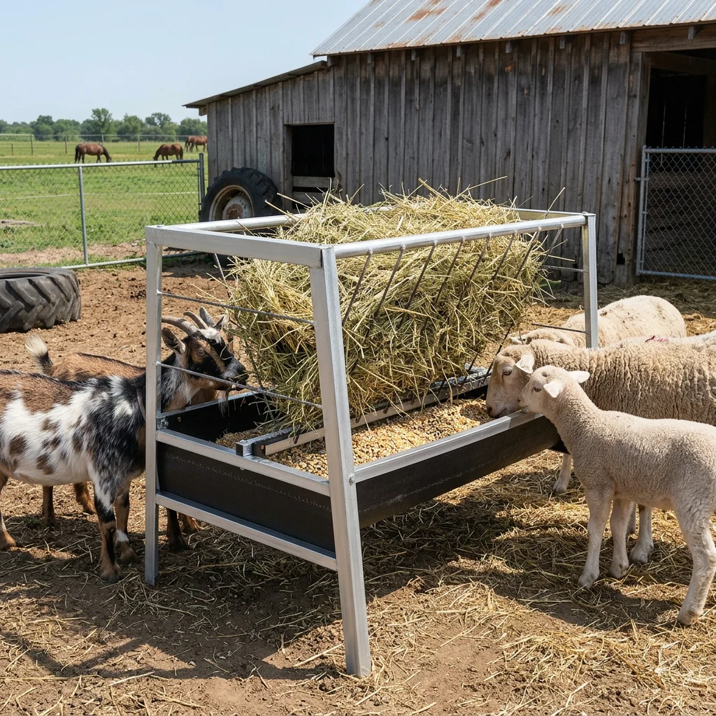 Mangeoire 2-en-1 grande capacité pour grains et foin, pour chèvres, moutons, chevaux, avec trous pré-percés, bords arrondis, bac d'alimentation durable