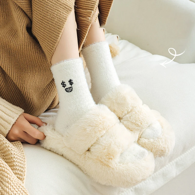 Plush Mink Socks For Women Autumn And Winter Breathable Warm Stocking Versatile Embroidered Furry Cartoon Eyes Thick Socks